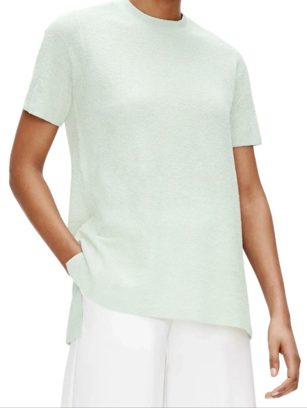 ​Eileen Fisher Organic Linen Crepe Mock Neck Tunic Top Large Mist Coastal